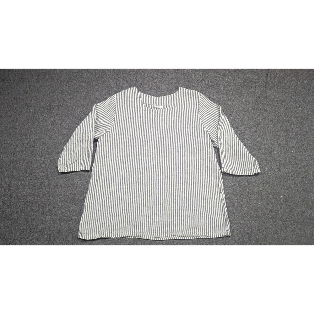 Women's Blouse 2XL Gray White Linen Lagenlook Tunic Coastal Granny Quiet Luxury